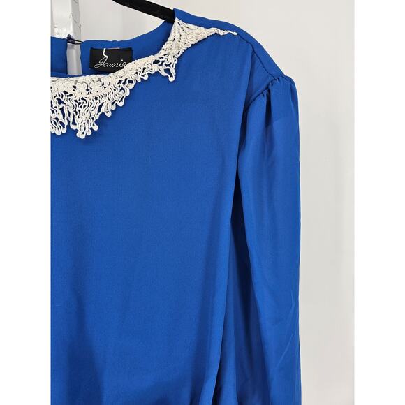 Vintage 1990s Jamie Womens Sz L Midi Length Formal Dress Blue Crochet Collar - Picture 2 of 5